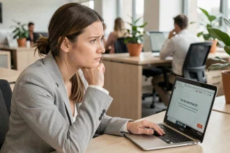 Femme en blazer gris regardant une erreur sur son écran d'ordinateur au bureau, illustrant une panne du service Syclade