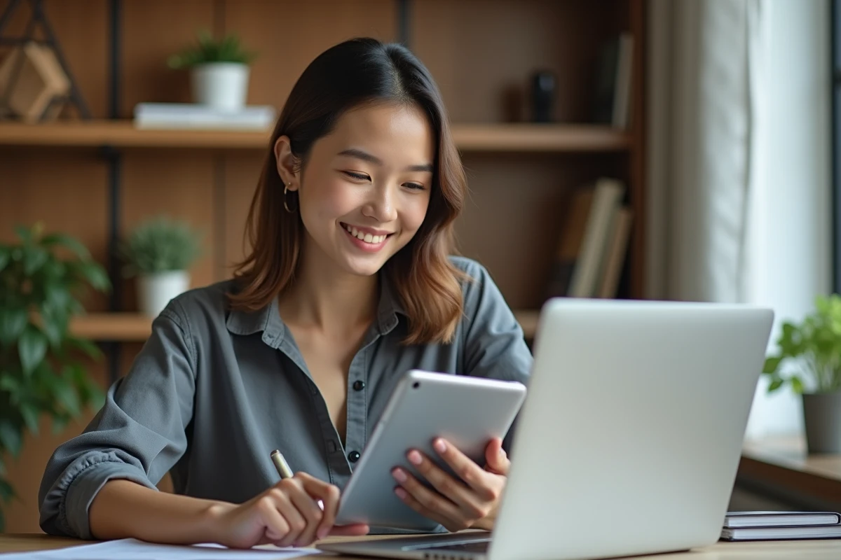 Jeune femme au bureau moderne utilisant une tablette