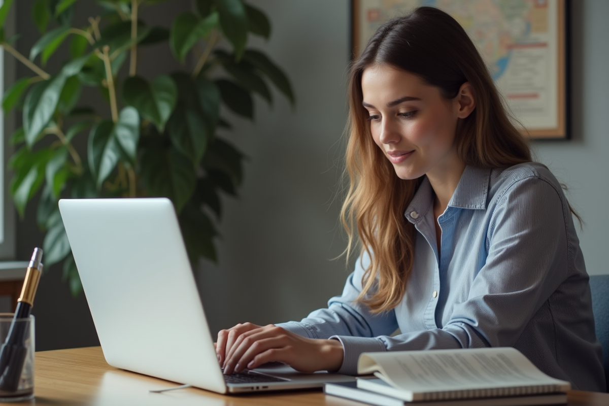 Jeune femme au bureau recherchant un emploi sur son ordinateur