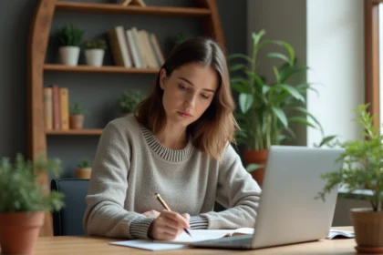 Femme en bureau moderne prenant des notes avec concentration