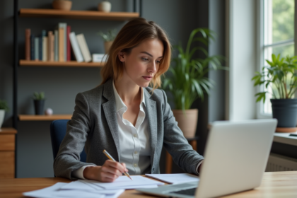 Femme en bureau moderne travaillant avec concentration