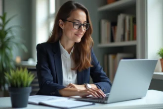 Jeune femme professionnelle examine son CV sur un ordinateur