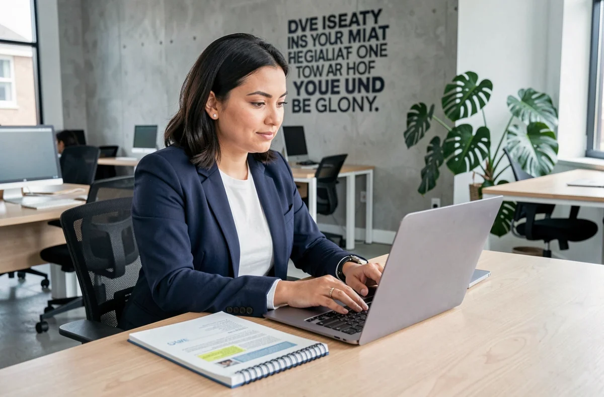 Femme concentrée travaillant sur son développement personnel dans un espace de coworking moderne