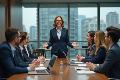 Femme confiante en réunion d'affaires en bureau moderne