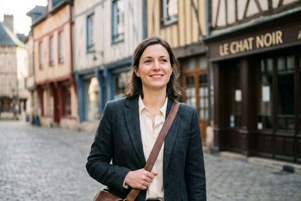 Femme confiante dans le centre de Troyes avec maisons colorées