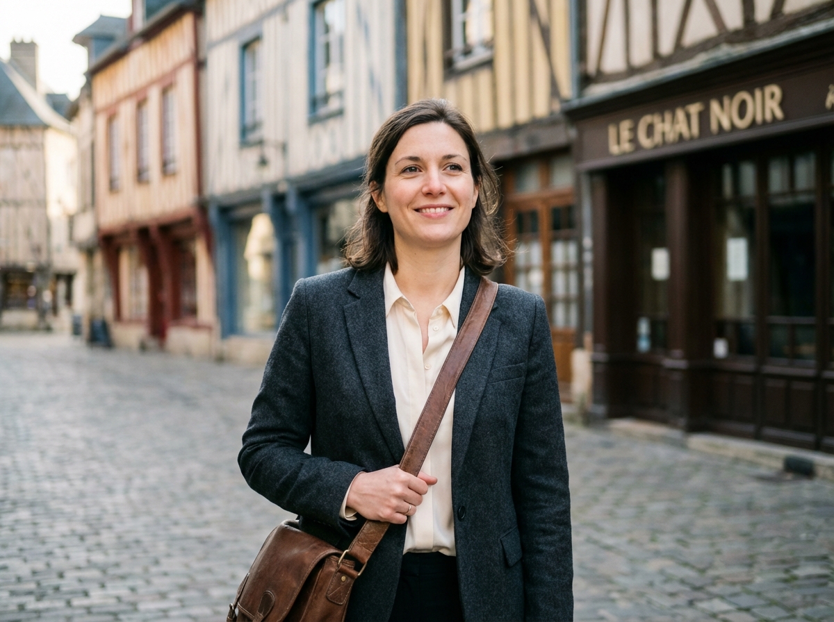 Femme confiante dans le centre de Troyes avec maisons colorées