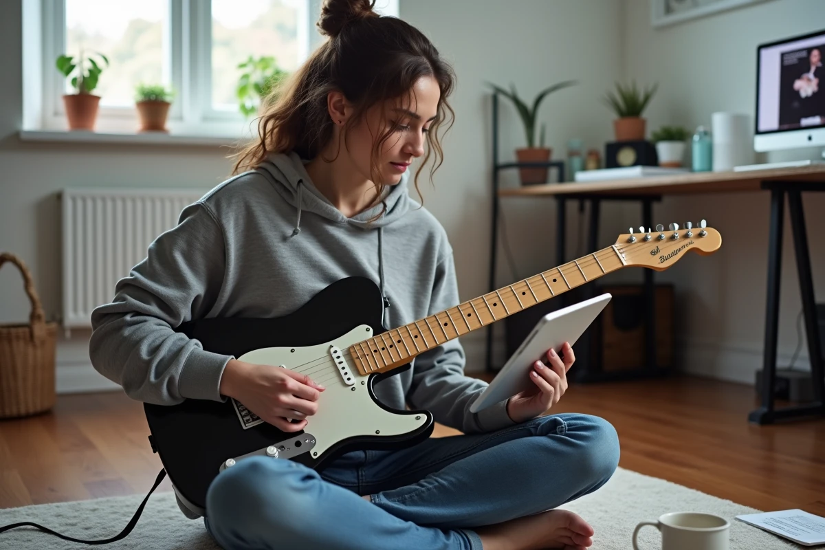 Femme assise par terre reprenant la guitare électrique grâce à un tutoriel vidéo sur tablette dans un bureau minimaliste