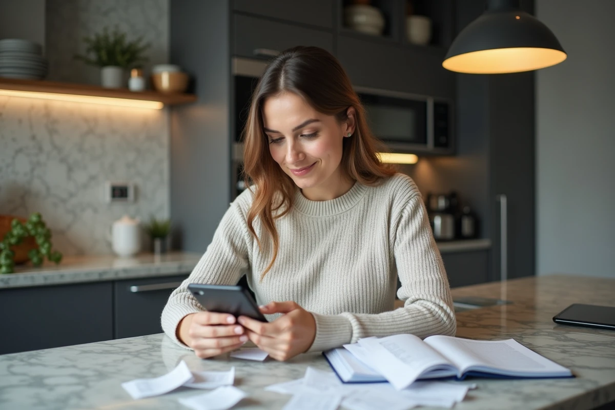 Femme regardant son smartphone pour analyser un budget