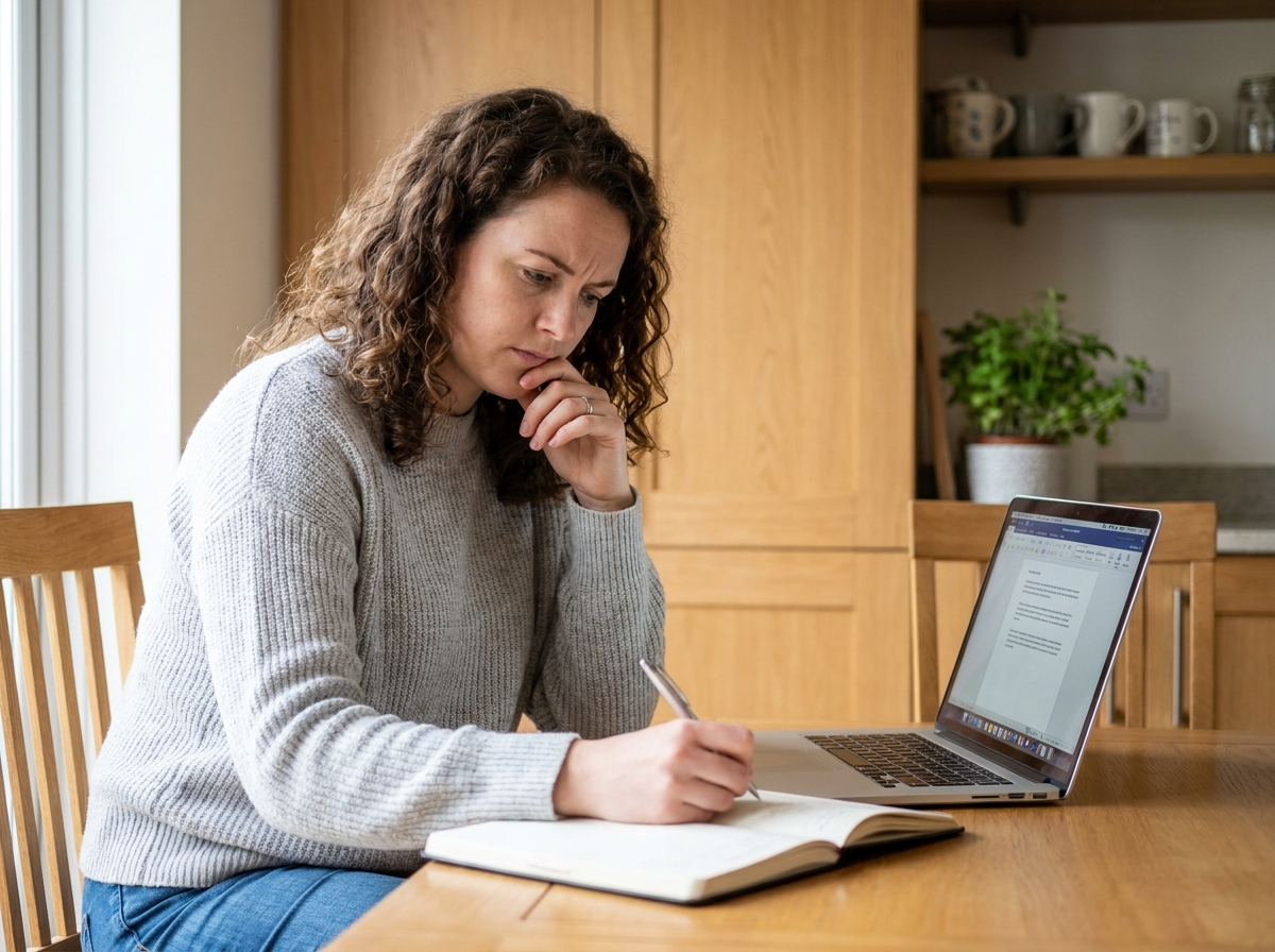 Femme concentrée prenant des notes dans une cuisine moderne