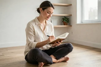 Femme en développement personnel écrivant dans un journal de bord dans un espace de travail minimaliste