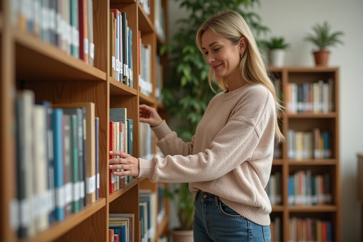 Femme d'âge moyen organisant des livres dans une bibliothèque chaleureuse