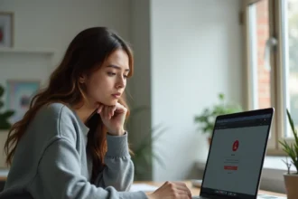 Jeune femme frustrée devant un écran d'ordinateur affichant une erreur de connexion sur une plateforme éducative