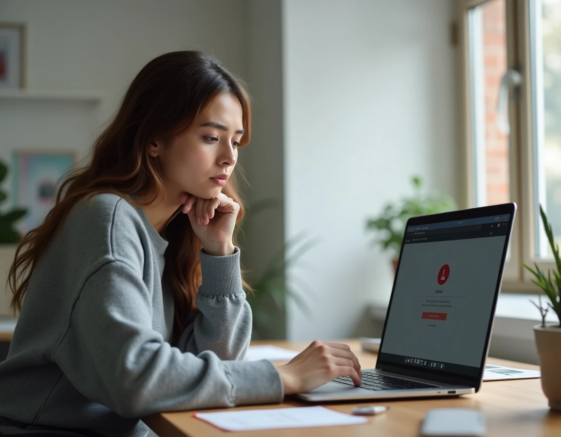 Jeune femme frustrée devant un écran d'ordinateur affichant une erreur de connexion sur une plateforme éducative