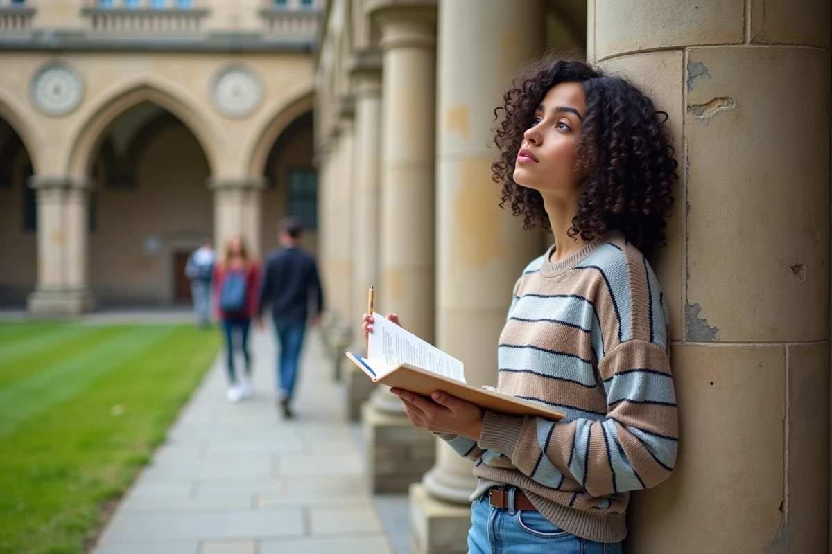Jeune femme avec notes et crayon devant une universite