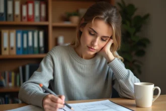 Jeune femme étudiant un exercice Excel imprimé avec annotations manuscrites à son bureau