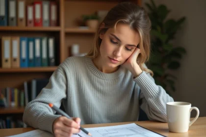 Jeune femme étudiant un exercice Excel imprimé avec annotations manuscrites à son bureau