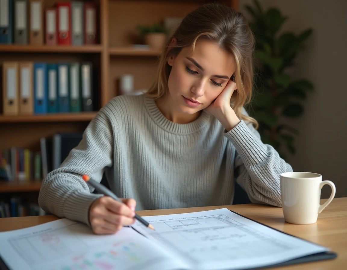 Jeune femme étudiant un exercice Excel imprimé avec annotations manuscrites à son bureau
