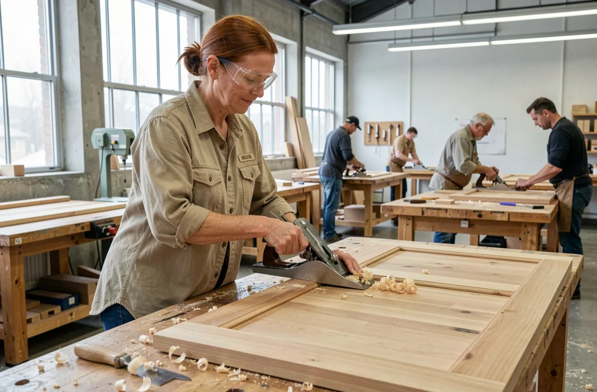 Femme en formation menuiserie utilisant un rabot dans un atelier scolaire professionnel, apprentissage métier manuel adulte