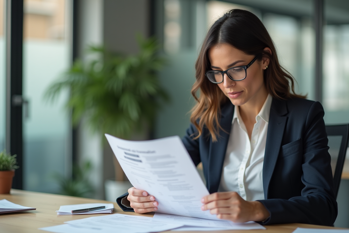 Femme d affaires examinant un document formation