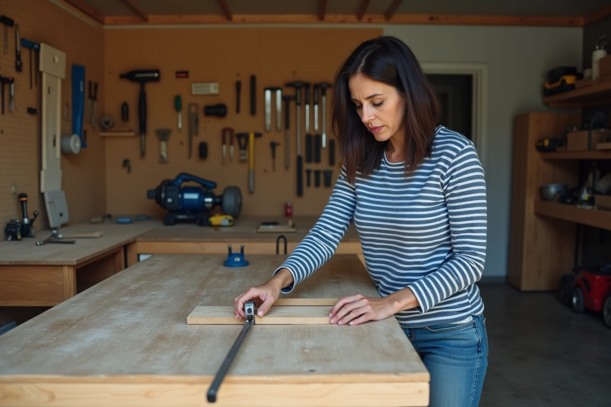 Femme mesurant une planche de bois dans un atelier garage pour un projet de bricolage inspiré de Bricoludik.fr