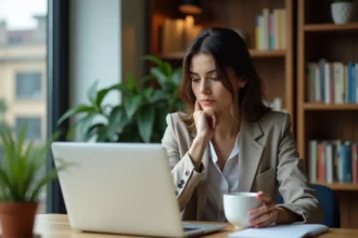 Jeune femme en tenue casual regardant son ordinateur