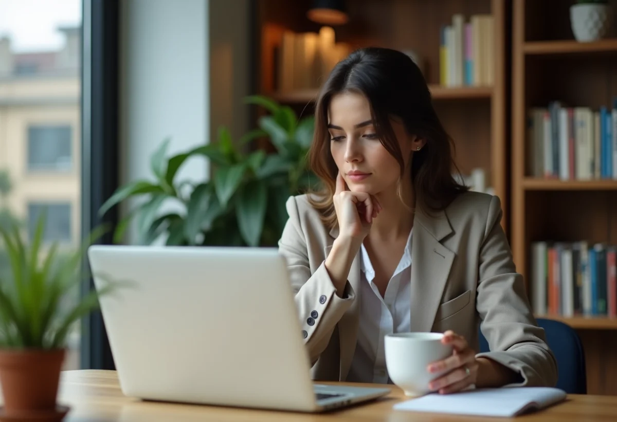 Jeune femme en tenue casual regardant son ordinateur