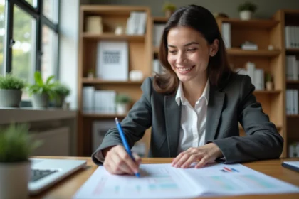 Femme en bureau moderne regardant ses résultats de carrière