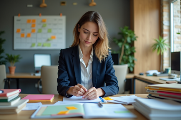 Jeune femme organisée dans un bureau moderne avec dossiers colorés