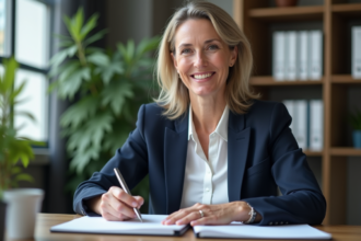Femme d age assise au bureau avec un sourire confiant