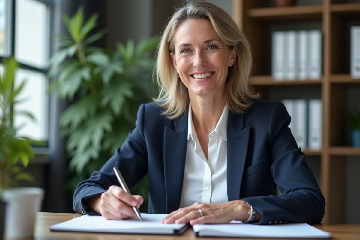 Femme d age assise au bureau avec un sourire confiant