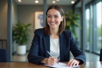Femme en blazer navy lors d'une réunion professionnelle