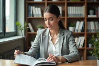 Professionnelle en blazer gris lisant un magazine business à son bureau pour monter en compétence