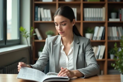 Professionnelle en blazer gris lisant un magazine business à son bureau pour monter en compétence