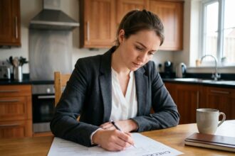 Jeune femme en tenue professionnelle examine son CV à la maison
