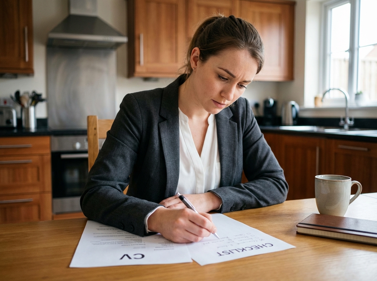 Jeune femme en tenue professionnelle examine son CV à la maison
