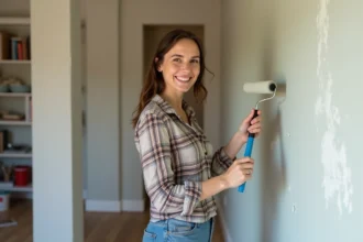 Femme souriante dans un intérieur rénové en France
