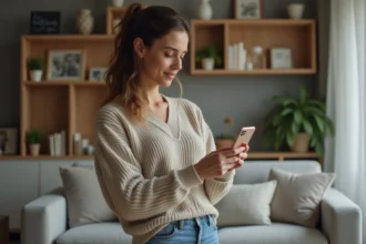 Jeune femme en sweater et jeans utilisant son smartphone dans un salon cosy