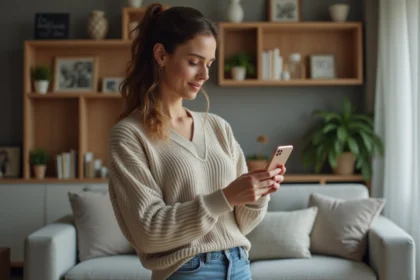Jeune femme en sweater et jeans utilisant son smartphone dans un salon cosy