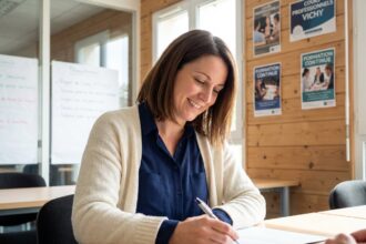 Femme souriante prenant des notes dans une salle moderne à Vichy