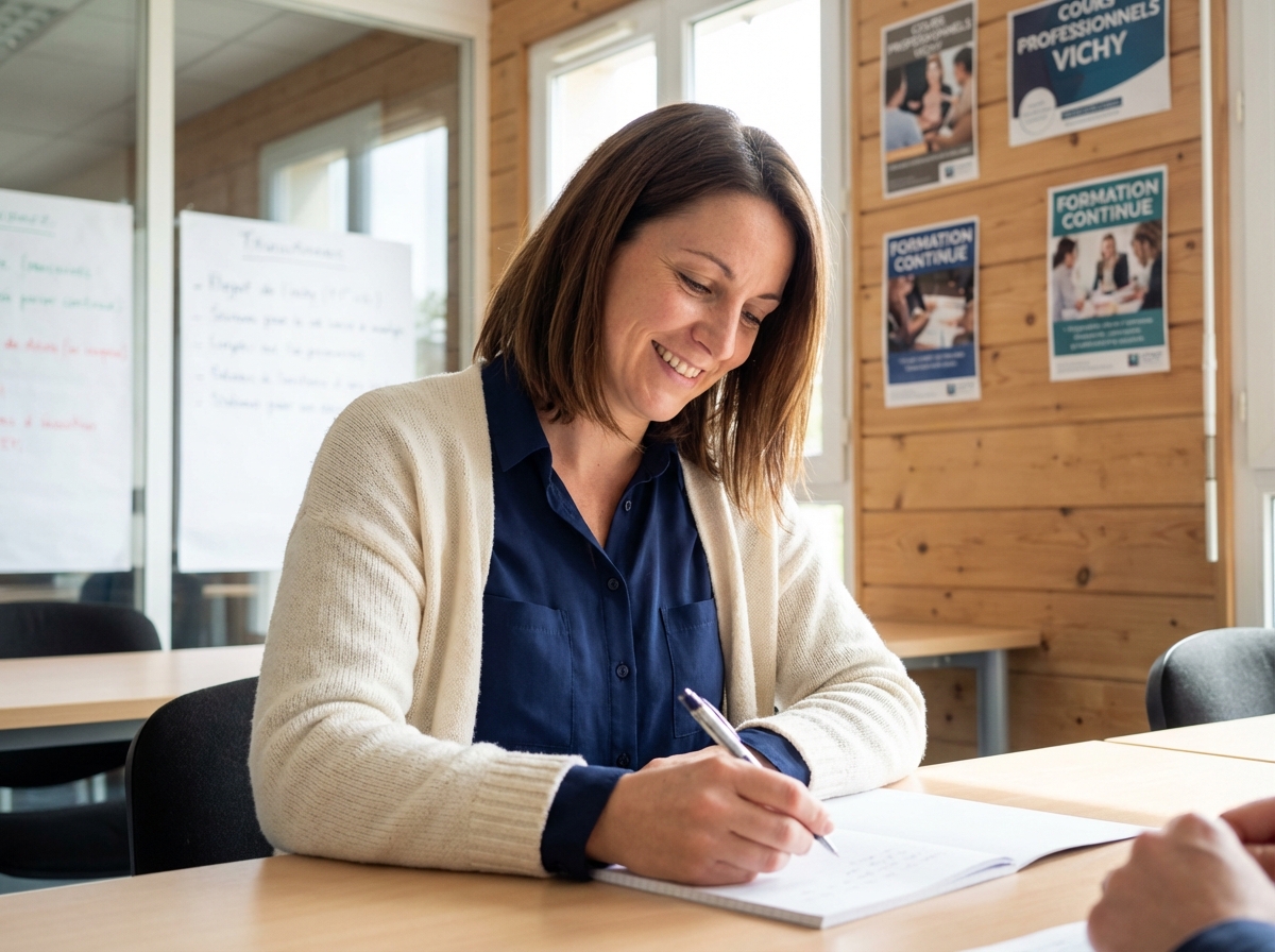 Femme souriante prenant des notes dans une salle moderne à Vichy