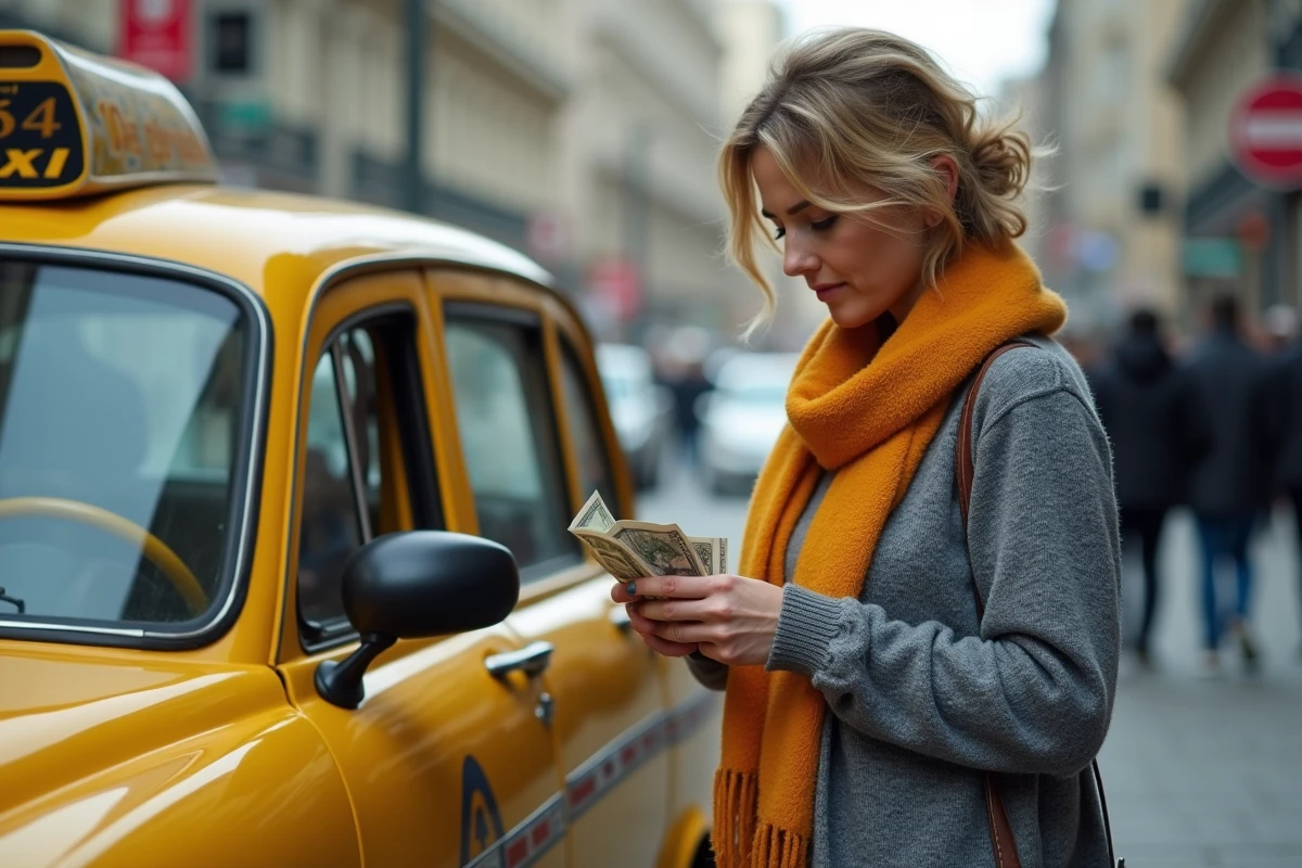 Femme taxi comptant des billets et pièces devant son taxi jaune