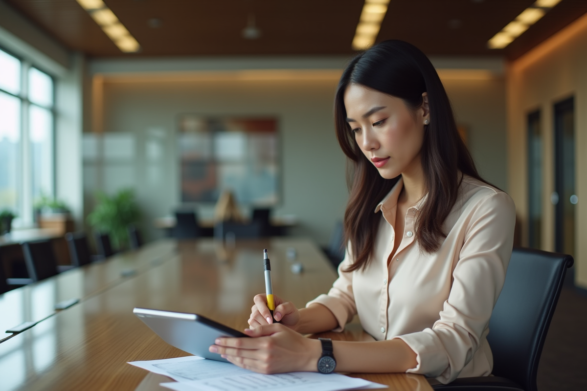 Femme professionnelle travaillant avec tablette en réunion