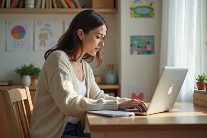 Femme concentrée sur son ordinateur dans un intérieur familial