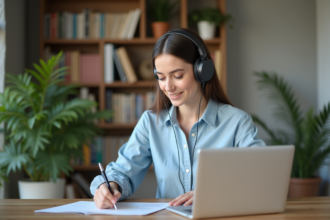 Femme concentrée travaillant sur son ordinateur dans un bureau cosy