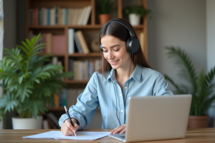 Femme concentrée travaillant sur son ordinateur dans un bureau cosy