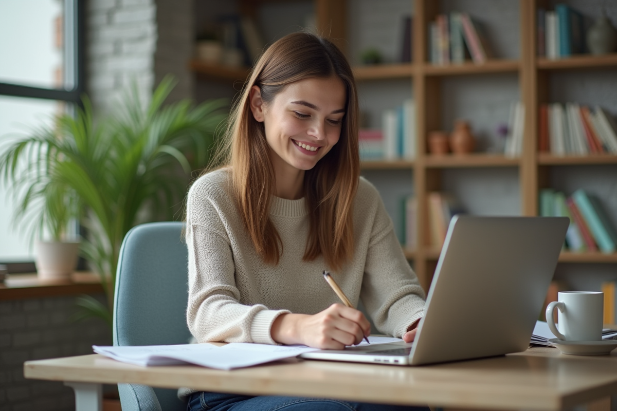 Jeune femme souriante travaillant à son bureau à domicile