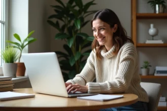 Femme souriante travaillant à son bureau à domicile