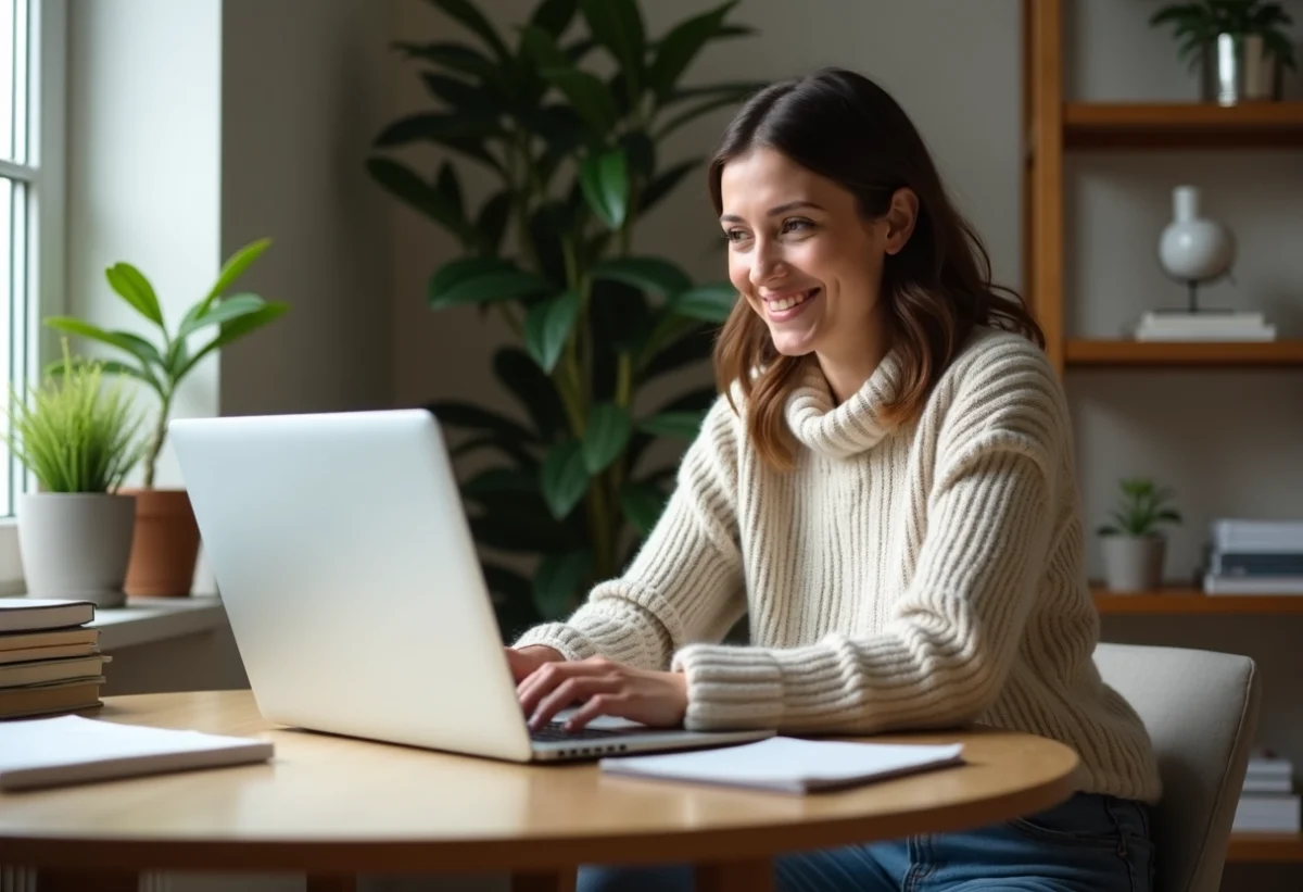 Femme souriante travaillant à son bureau à domicile