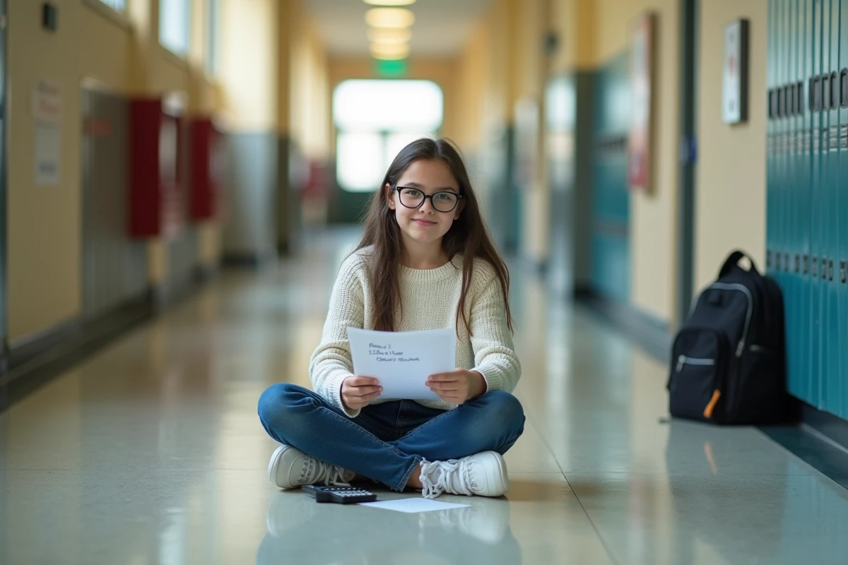 Fille en classe préparant un quiz sur pi avec calculatrice