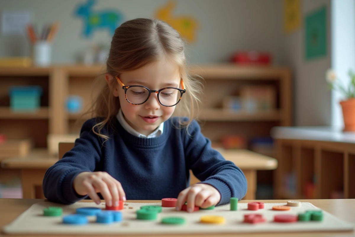 Jeune fille concentrée avec perles Montessori